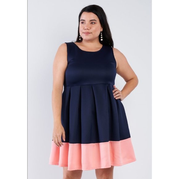 NWT PLUS SIZE Navy Colorblock Pleated Dress - Picture 3 of 4